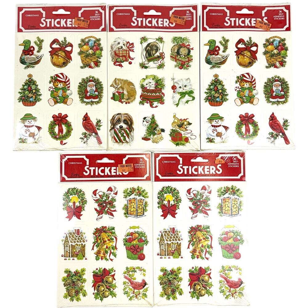 Vintage 80s Eureka Christmas Stickers Santa Dog Cat Duck 180 Stickers NEW NOS x5
